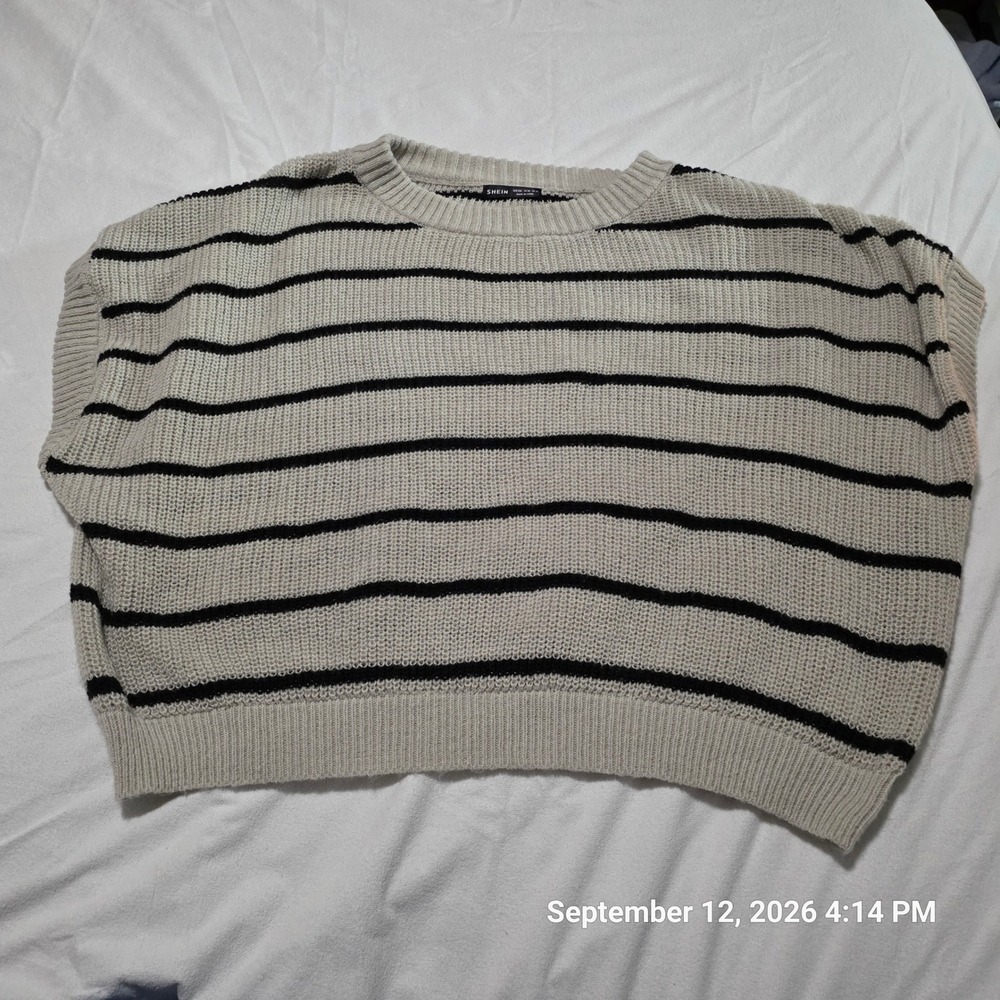 SHEIN Beige Black Striped Knit Sweater Vest Crew Neck XXL US 14